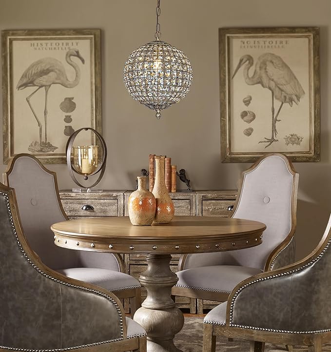 ALOADECOR 1-Light W12 in. Retro Antique Gold Globe Chandelier Small Crystal Vintage Cage-Style Shade Pendant Light for Kitchen Island Sphere Light Fixture for Bedoom