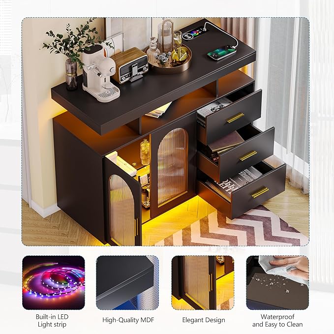 HNEBC LED Sideboard Buffet with Charging Station, Smart Bar Cabinet with Auto RGB Lighted, Coffee Bar with 3 Drawers/Adjustable Shelf for Living Room, Dining Room,Home Storage (Black)