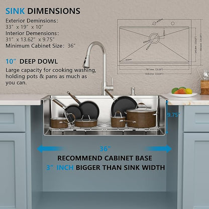 33 Kitchen Sink Drop In - Fulorni 33"x19" Ledge Workstation Top Mount 16 Gauge 304 Stainless Steel Over Mount Single Bowl Sink Basin with Faucet, Soap Dispenser