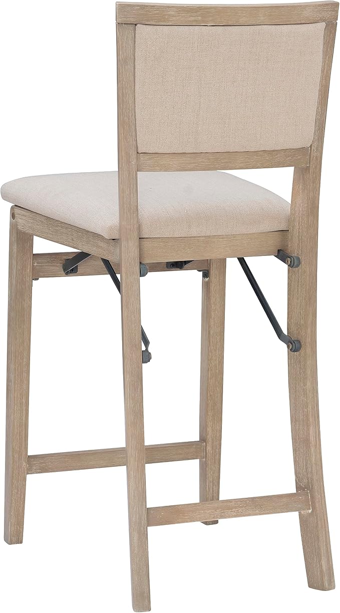 Linon Keira Natural Rustic Wooden Folding 25 Inch Seat Height Counter Stool with Beige Upholstered Seat and Back
