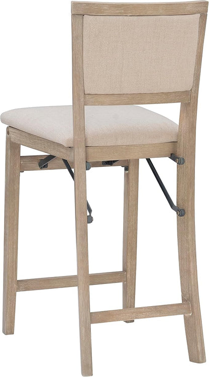 Linon Keira Natural Rustic Wooden Folding 25 Inch Seat Height Counter Stool with Beige Upholstered Seat and Back