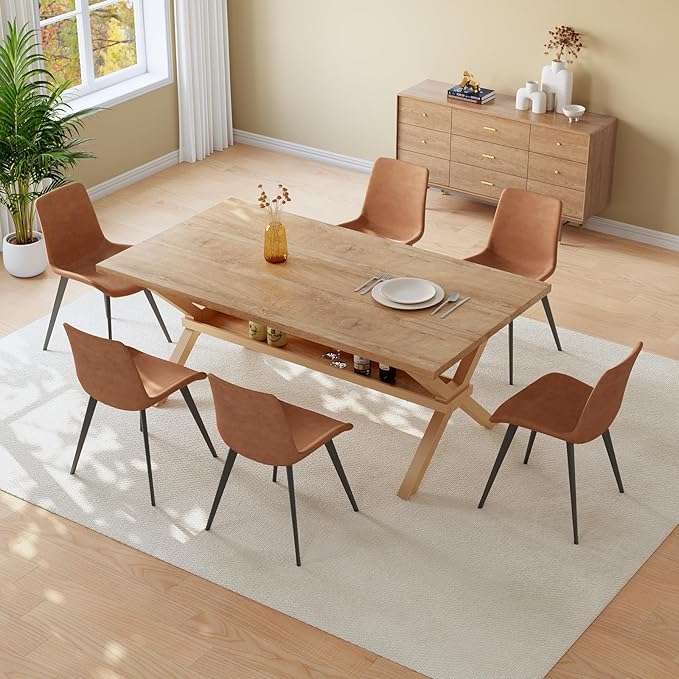 HIPIHOM 63" MDF Modern Dining Table with Chairs for 6, Kitchen Table Chairs Set of 6 with Strong Metal Base, Great for and Apartment Needs