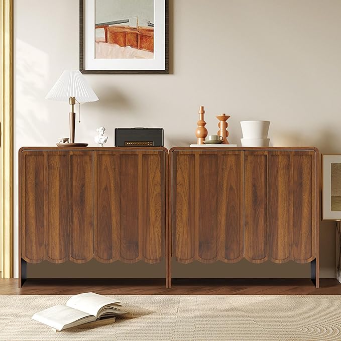 ORRD Sideboard Buffet Cabinet, Accent Storage Cabinets with 2 Doors, Farmhouse Wood Cabinet with Adjustable Shelves and Wave Panel for Living Room, Dining Room, Entry - Walnut