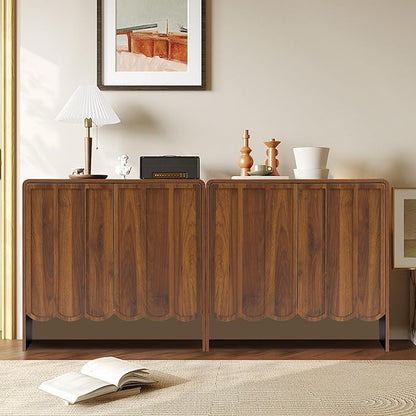 ORRD Sideboard Buffet Cabinet, Accent Storage Cabinets with 2 Doors, Farmhouse Wood Cabinet with Adjustable Shelves and Wave Panel for Living Room, Dining Room, Entry - Walnut