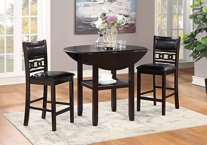 New Classic Furniture Gia 3-Piece Drop Leaf Counter Table Set with 2 Chairs, 42-Inch, Ebony
