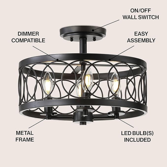 JONATHAN Y 15.5" Oil Rubbed Bronze 4-Light Metal LED Semi-Flush Mount Ceiling Light, Metal Fretwork Shade for Bedroom Entryway Hallway, Traditional Round Dimmable Fixture JYL9040A