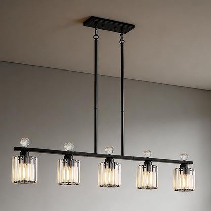 Modern Dining Room Light Fixture Over Table, Crystal Pendant Lights Kitchen Island, Chandeliers for Dining Room Kitchen Light Fixtures (E26) 5-Light Black