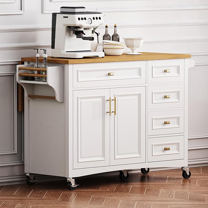 Kitchen Island with Drop Leaf, Embossed Texture Kitchen Island on Wheels with Spice Rack,Towel Rack, 2 Doors and 5 Drawers, Kitchen Storage Cart with Adjustable Shelf for Kitchen (White@093)