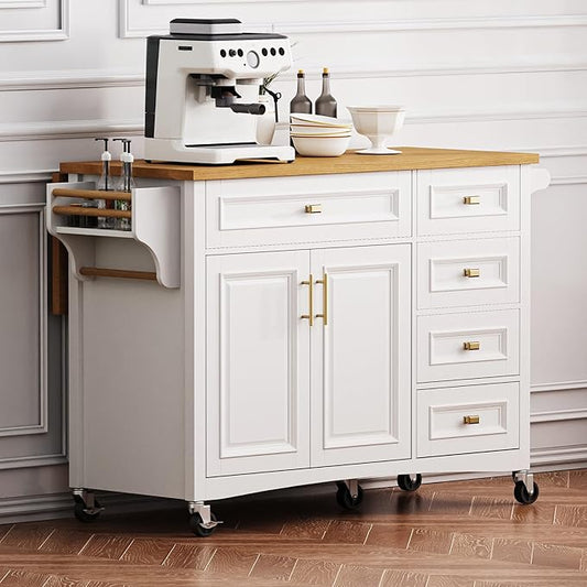 Kitchen Island with Drop Leaf, Embossed Texture Kitchen Island on Wheels with Spice Rack,Towel Rack, 2 Doors and 5 Drawers, Kitchen Storage Cart with Adjustable Shelf for Kitchen (White@093)