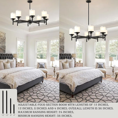 8-Light Farmhouse Chandelier for Dining Room Kitchen Island,Black Modern Pendant Lighting with White Frosted Glass Shades,Industrial Metal Hanging Ceiling Light Fixture for Bedroom Hallway