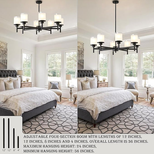 8-Light Farmhouse Chandelier for Dining Room Kitchen Island,Black Modern Pendant Lighting with White Frosted Glass Shades,Industrial Metal Hanging Ceiling Light Fixture for Bedroom Hallway