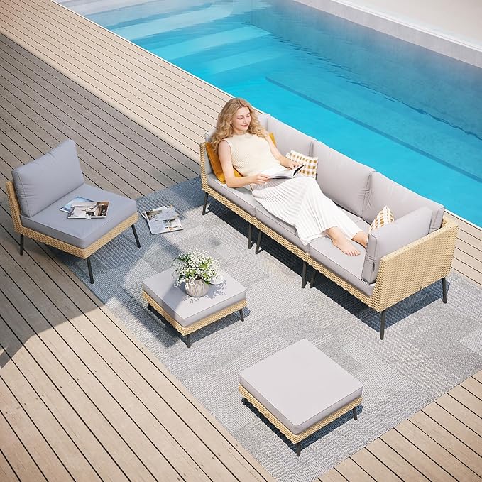 Aoxun 6-Piece Patio Furniture Set, Wicker Outdoor Furniture with Water Resistant Thick Cushions, Patio Conversation Set Outdoor Sectional Sofa with Coffee Table for Backyard Poolside, Light Grey