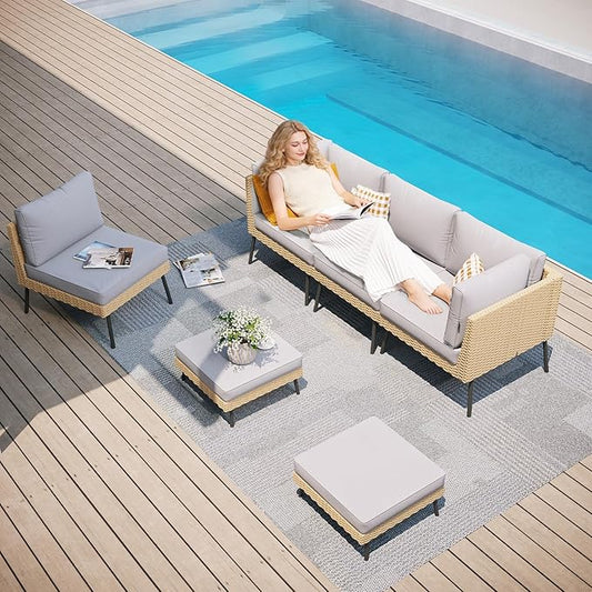 Aoxun 6-Piece Patio Furniture Set, Wicker Outdoor Furniture with Water Resistant Thick Cushions, Patio Conversation Set Outdoor Sectional Sofa with Coffee Table for Backyard Poolside, Light Grey