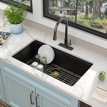 30 Granite Composite Kitchen Sink - Fulorni 30"x19" Granite Kitchen Sink Black Undermount Ledge Workstation Quartz Classic Matte Black Under Counter Large Single Bowl Luxury Sink Basin