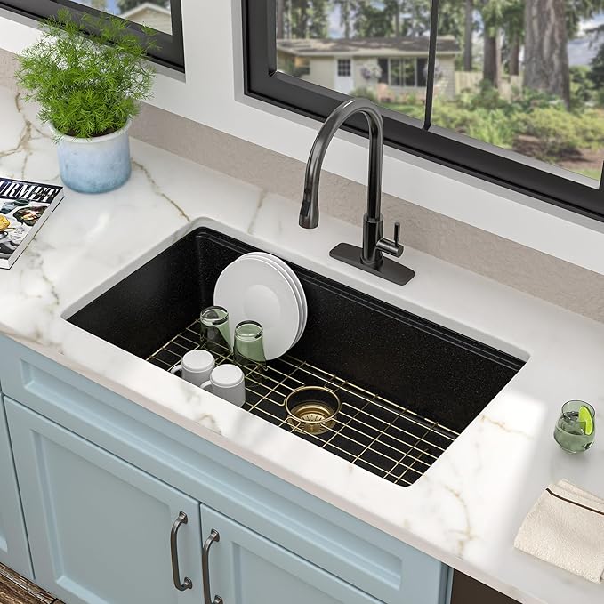 32"x19" Granite Composite Kitchen Sink - Matte Black Undermount Ledge Workstation Quartz Classic Luxury Under Counter Single Bowl Basin