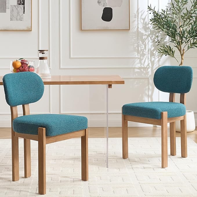 Chenille Dining Chairs Set of 2, Comfy Upholstered Dining Room Chairs Mid Century Modern Farmhouse Fabric Kitchen Chairs with Rubber Wood Legs for Dining Room Kitchen Island Home (Teal)