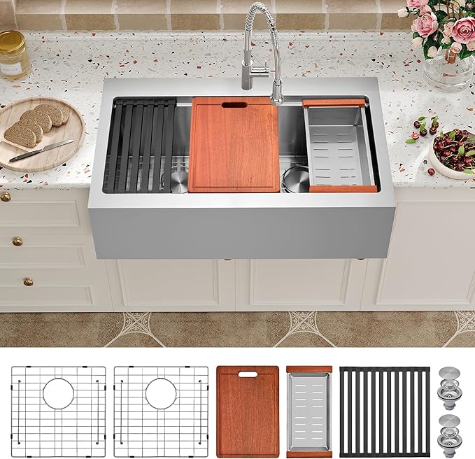 Farmhouse Kitchen Sink 36 x 22 Drop In, 50/50 Double Bowl Farm Sinks, 16 Gauge Stainless Steel Workstation Sink with Ledge & Accessories, 36 Inch Large and Deep Farm house Apron Front Sink