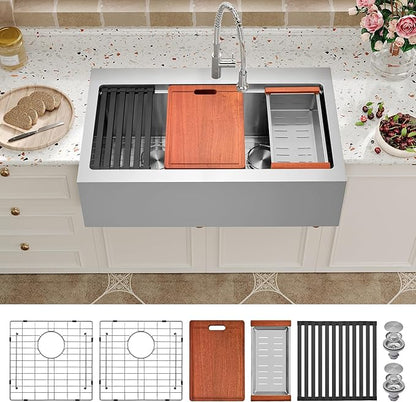 Farmhouse Kitchen Sink 36 x 22 Drop In, 50/50 Double Bowl Farm Sinks, 16 Gauge Stainless Steel Workstation Sink with Ledge & Accessories, 36 Inch Large and Deep Farm house Apron Front Sink