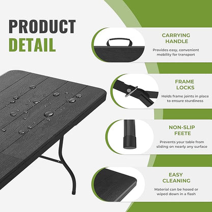 8Ft Plastic Folding Table Heavy Duty Portable Folding Tables 400 lbs, Wood Grain Tabletop for Working Meeting Parties, Picnic, Camping, Garden Dining (Black)