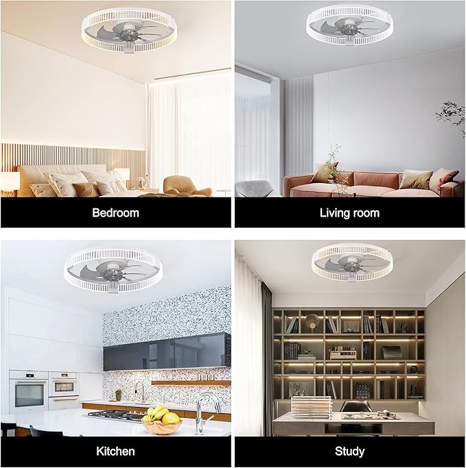 Garwarm Ceiling Fans with Lights，19.7" Ultra Low Profile Ceiling Fan with Light and Remote, Dimmable 3000K–6000K LED Fandelier Flush Mount, DC Motor, for Bedroom, Kitchen, Office