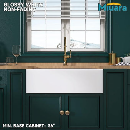 Miuara Farmhouse Sink 33 Inch - White Apron Front Kitchen Sink Reversible 33"x20"x10", Undermount, Farm House Style Large Deep Single Bowl, Heavy Duty Solid Fireclay, Glossy White, for Kitchen
