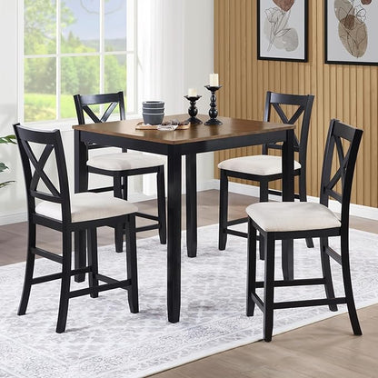 5 Piece Counter Height Dining Set with 4 Chairs, Classic Wooden Table for 4, Farmhouse Style Dining Room Set for Kitchen, Black and Oak Two Tone