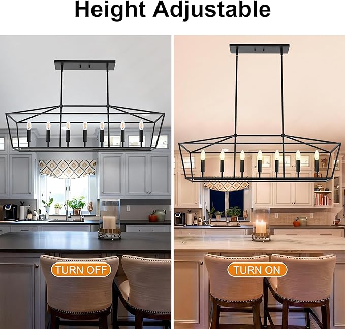 VINLUZ 7 Light E12 Dining Room Lighting Fixtures Hanging Farmhouse Chandelier in Matte Black Finish Modern Pendant Lighting Adjustable Height for Bedroom Living Room Hallway
