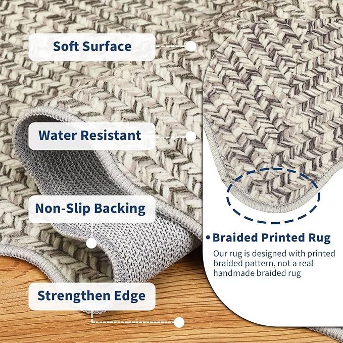 Imitation Braided Collection-Print Scalloped Washable Rugs 8x10 Area Rug for Living Room Soft Bedroom Rug Farmhouse Large Rug Non Slip Stain Resistant Carpet for Nursery Dining Room 8'x10'