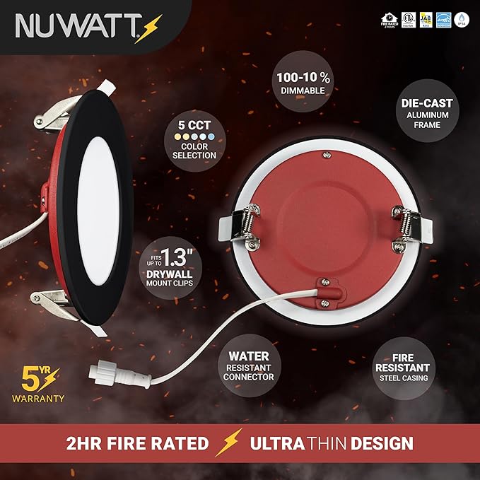 NUWATT 12-Pack 2 Hour Fire Rated Recessed Lighting, 4 Inch Wafer LED Lights, 5CCT 2700K/3000K/3500K/4000K/5000K, Wet & IC Rated, CRI90 Black Recessed Lights, 12W, Dimmable 900LM, No Tenmat Needed, ETL