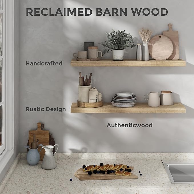 Dreamland Rustic Reclaimed Wall Shelf, Deep Floating Shelves Solid Wood Wall Shelf 7.5 Inch Deep for Storage with Invisible Heavy-Duty Metal Bracket, 36 Inch Width Set of 2, Natural
