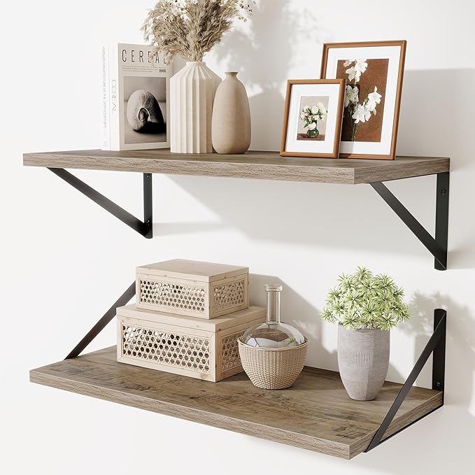 Acovy Deep Floating Shelves,24" Wx10 D Floating Shelf for Wall Set of 2,Hanging Storage Shelf with Metal Brackets,Wide Display Wall Shelves for Living Room,Bedroom,Bathroom,Kitchen,Grey