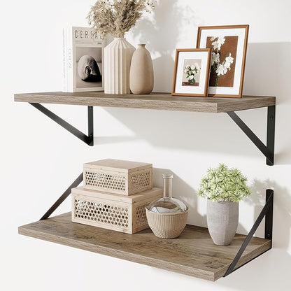 Acovy Deep Floating Shelves,24" Wx10 D Floating Shelf for Wall Set of 2,Hanging Storage Shelf with Metal Brackets,Wide Display Wall Shelves for Living Room,Bedroom,Bathroom,Kitchen,Grey