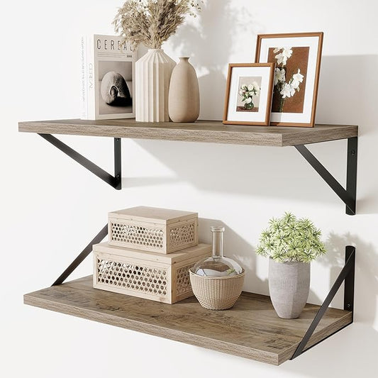 Acovy Deep Floating Shelves,24" Wx10 D Floating Shelf for Wall Set of 2,Hanging Storage Shelf with Metal Brackets,Wide Display Wall Shelves for Living Room,Bedroom,Bathroom,Kitchen,Grey