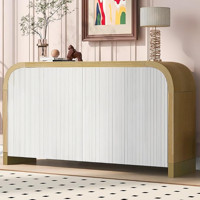 Merax Sideboard Buffet Cabinet with Storage Adjustable Shelves & Unique Curved Corner, Wavy Door Panel Accent Wood Console Table for Coffee Bar, Living Room and Entrance, Easy Assembly, White