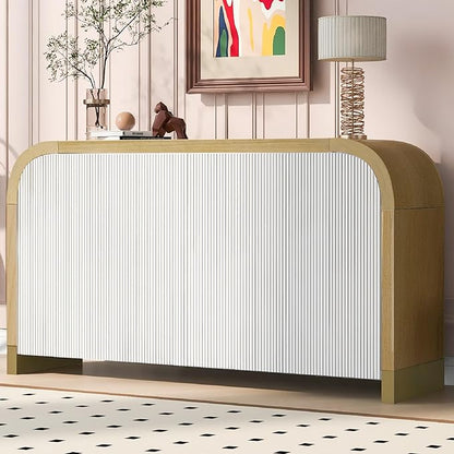 Merax Sideboard Buffet Cabinet with Storage Adjustable Shelves & Unique Curved Corner, Wavy Door Panel Accent Wood Console Table for Coffee Bar, Living Room and Entrance, Easy Assembly, White