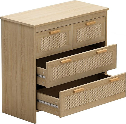GDFStudio 31.5" Rattan Storage Cabinet with 4 Drawers, Modern Farmhouse Sideboard Buffet Cabinet, Wood Credenza Console Table for Living Room Dining Room Kitchen Hallway, Easy Assembly, Natural