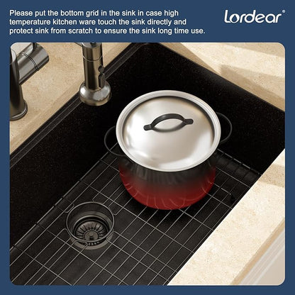 Lordear 30 Inch Black Granite Composite Kitchen Sink Workstation 30x19 Matte Black Undermount Quartz Sinks Under Counter Single Bowl Sink with Black Accessories