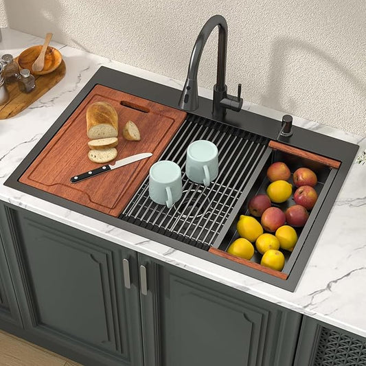 Lordear Black Kitchen Sink with Faucet 33 Inch Drop In Kitchen Sink Workstation Gunmetal Black 16 Gauge Stainless Steel Single Bowl 33x22 Topmount Kitchen Sinks with Pull-out Faucet Combo