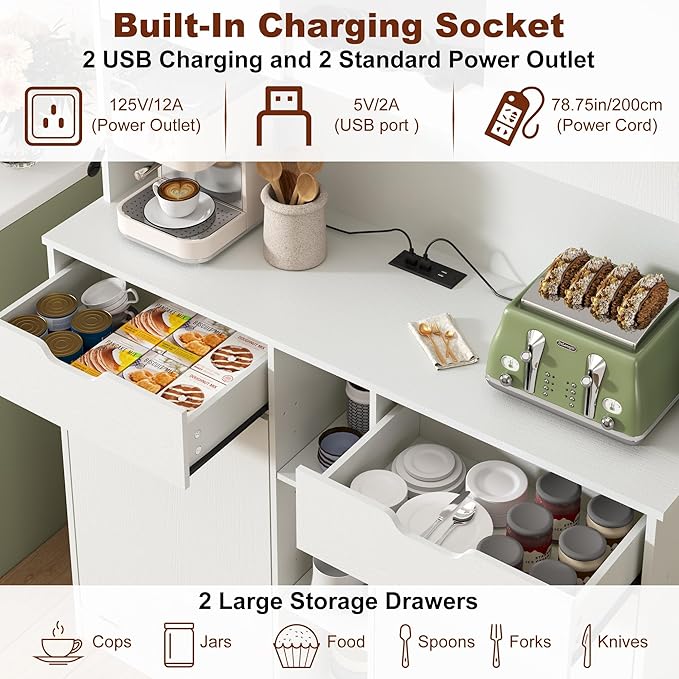 71"H Kitchen Pantry Storage Cabinet with Power Outlets and Two Drawers,10X2 Gallon Kitchen Hidden Double Tilt Out Trash Can Cabinet with Trash Bin Storage Holders,Laundry Hamper Cabinets(White)