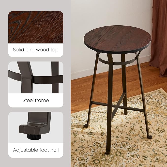 Glitzhome 3-Piece Pub Table and Chairs, Round Bar Height Adjustable Swivel PU Leather Bar Stools Set of 2, Rustic Dining Room Tables for Kitchen Island Bistro Office Living Room Small Space Restaurant