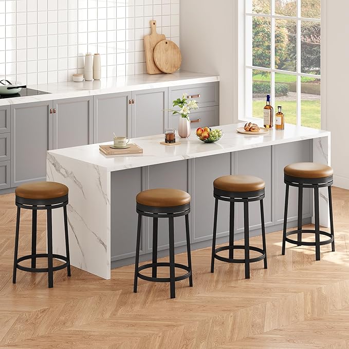 IDEALHOUSE 24'' Swivel Bar Stools Set of 4 with Footrest, Modern Counter Height Barstools with PU Leather Upholstered and Metal Frame, Backless Round Bar Stools for Kitchen Island, Brown