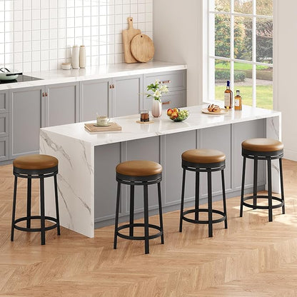 IDEALHOUSE 24'' Swivel Bar Stools Set of 4 with Footrest, Modern Counter Height Barstools with PU Leather Upholstered and Metal Frame, Backless Round Bar Stools for Kitchen Island, Brown