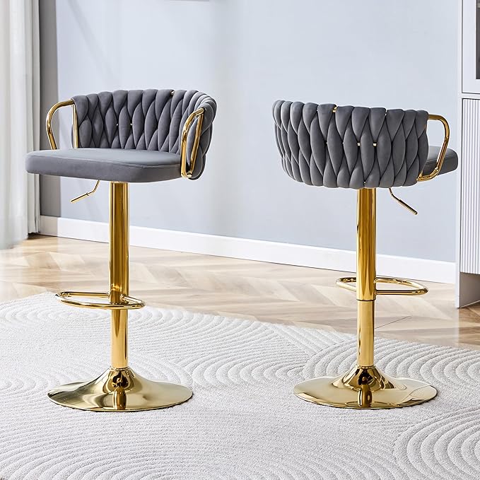 Velvet Bar Stools Set of 2, Woven Height Adjustable Swivel Barstools, Hydraulic Kitchen Counter Height Bar Chairs with Armrest and Back for Kitchen, Dining Room