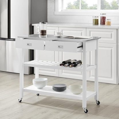 Crosley Furniture Chloe Stainless Steel Top Rolling Kitchen Island Storage Cart, Microwave Stand, Wine Rack, White