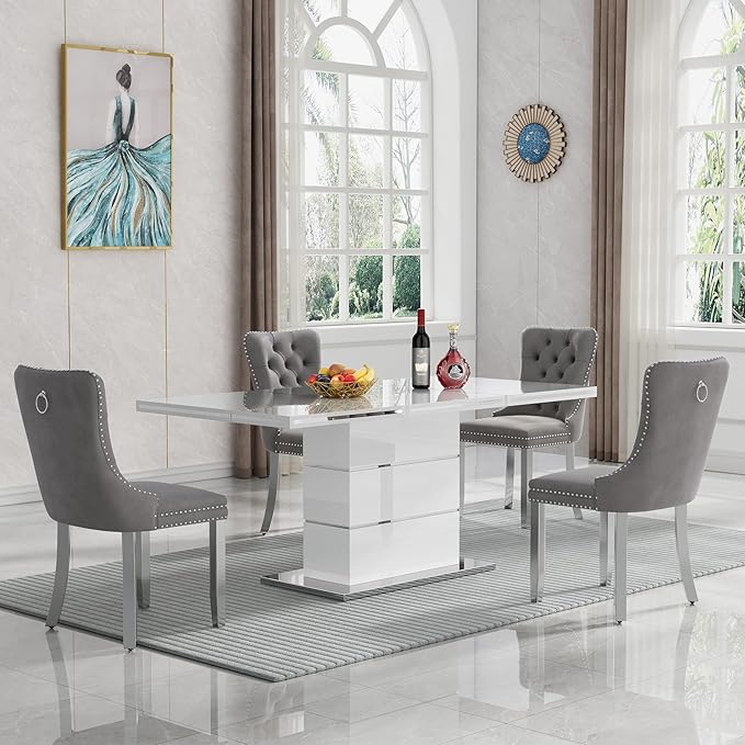 70" White Dining Table for 4 6, Modern Glossy Kitchen Table with 1.5" Thick Lacquered Tabletop and Silver Stainless Steel Trim, Luxury Rectangular Dinner Tables for Dining Room