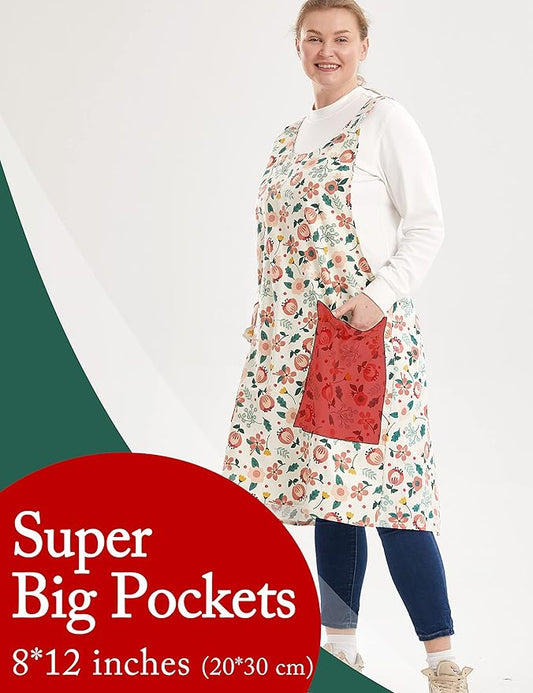 Big Plus Size Aprons for Women with Pockets Cotton Linen Baking Kitchen Cooking