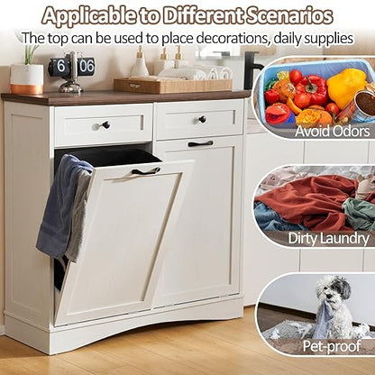 Double Tilt Out Trash Cabinet Freestanding Wooden Garbage Can Cabinet with Hideaway Drawers, 2x13 Gallons Pet Proof Garbage Can Holder for Kitchen Living Room