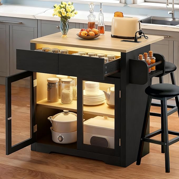 DWVO Kitchen Island with Drop Leaf, Mobile Kitchen Storage Islands with Power Outlet & LED Lights, 37.5" Rolling Dinning Table with Seating, 2 Soft Cushion Bar Stools, Towel & Spice Rack, Qak Black