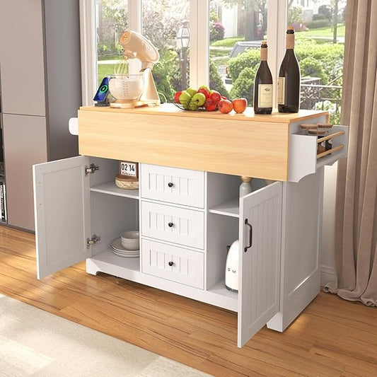 55.7'' Large Kitchen Island with 2 Drop Leaf, Rolling Kitchen Cart on 5 Wheels with Power Outlet, Folding Storage Dining Table with Spice and Towel Rack, 3 Drawers for Kitchen, Dining Room (White-JAB)