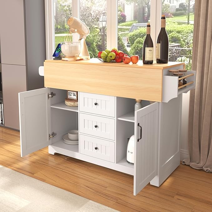 Modern Dining Table 55.7'' Large Kitchen Island with 2 Drop, Rolling Cart on 5 Wheels with Power Outlet, Folding Dining Table with Spice Rack, 3 Drawers, Console,White-MDF